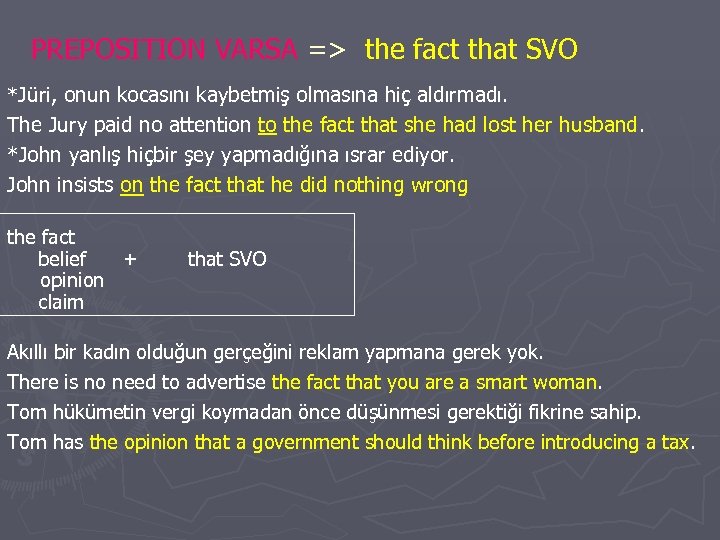 PREPOSITION VARSA => the fact that SVO *Jüri, onun kocasını kaybetmiş olmasına hiç aldırmadı.