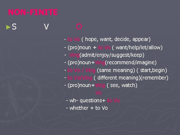 NON-FINITE ►S V O - to Vo ( hope, want, decide, appear) - (pro)noun