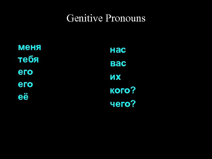 Genitive Pronouns меня тебя его её нас вас их кого? чего? 