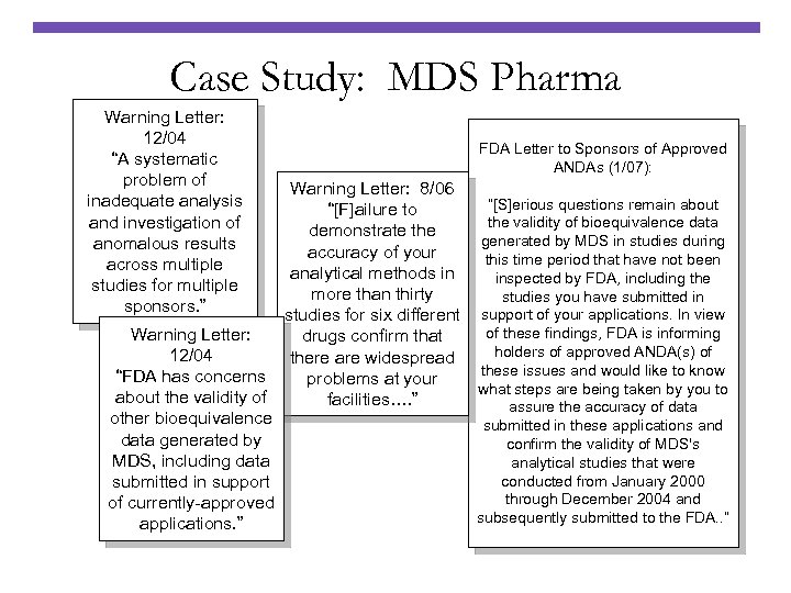 Case Study: MDS Pharma Warning Letter: 12/04 “A systematic problem of inadequate analysis and
