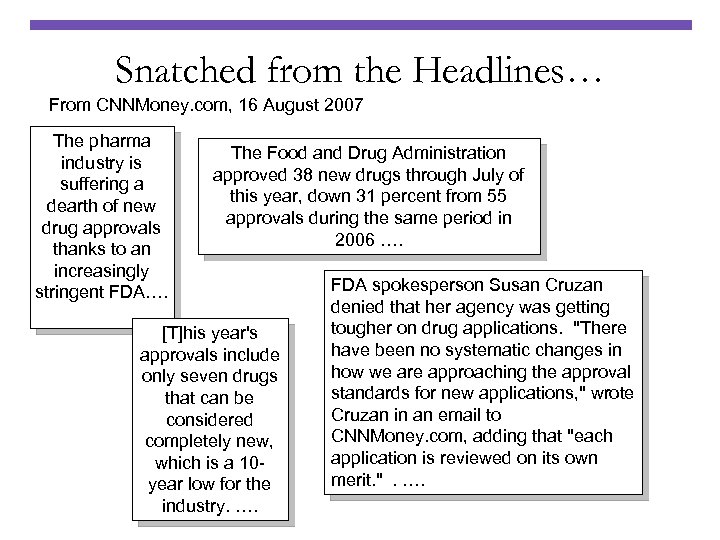 Snatched from the Headlines… From CNNMoney. com, 16 August 2007 The pharma industry is