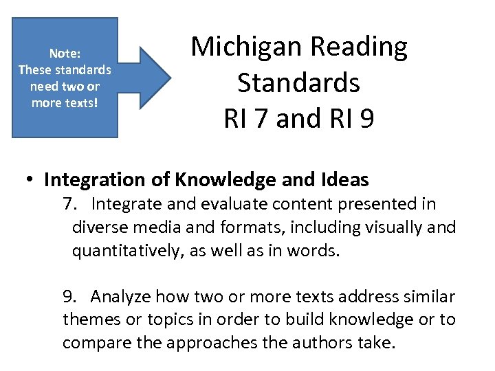 Note: These standards need two or more texts! Michigan Reading Standards RI 7 and