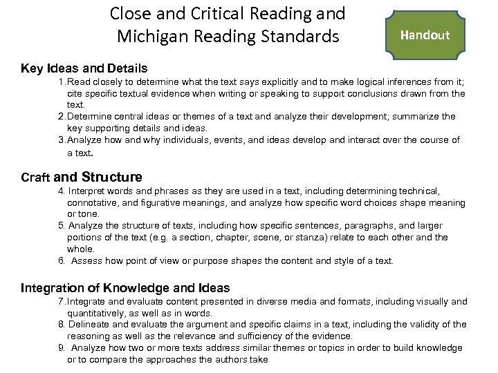 Close and Critical Reading and Michigan Reading Standards Handout Key Ideas and Details 1.