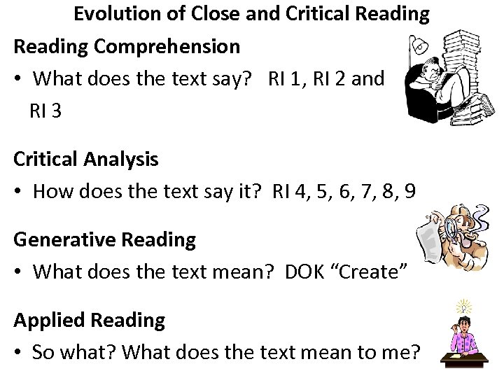 Evolution of Close and Critical Reading Comprehension • What does the text say? RI