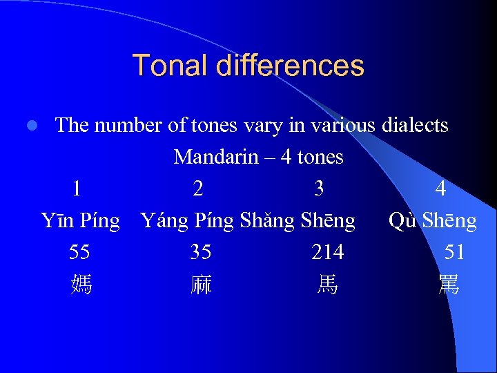 Tonal differences l The number of tones vary in various dialects Mandarin – 4