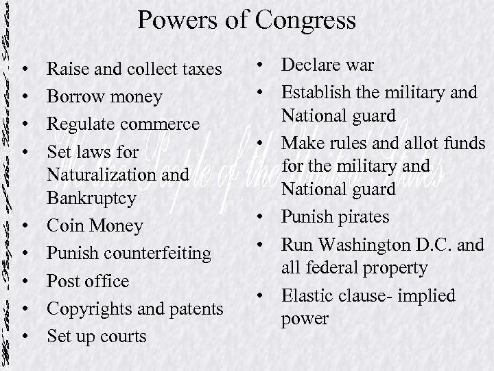 Powers of Congress • • • Raise and collect taxes Borrow money Regulate commerce