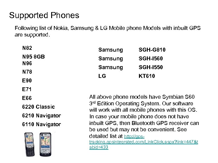 Supported Phones Following list of Nokia, Samsung & LG Mobile phone Models with inbuilt
