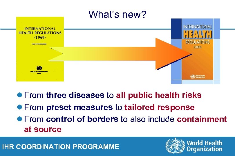 What’s new? l From three diseases to all public health risks l From preset