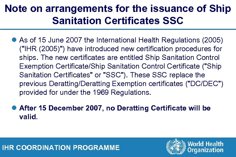 Note on arrangements for the issuance of Ship Sanitation Certificates SSC l As of