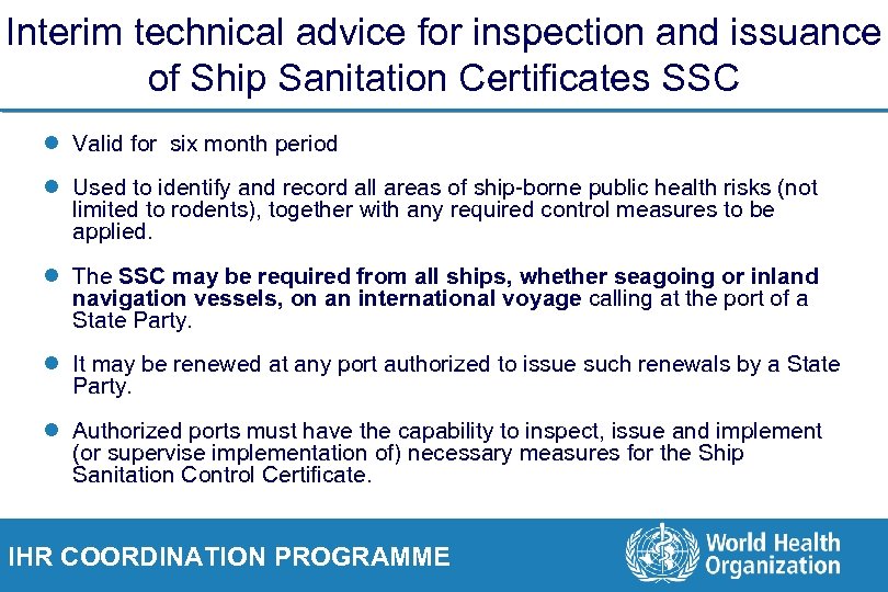 Interim technical advice for inspection and issuance of Ship Sanitation Certificates SSC l Valid