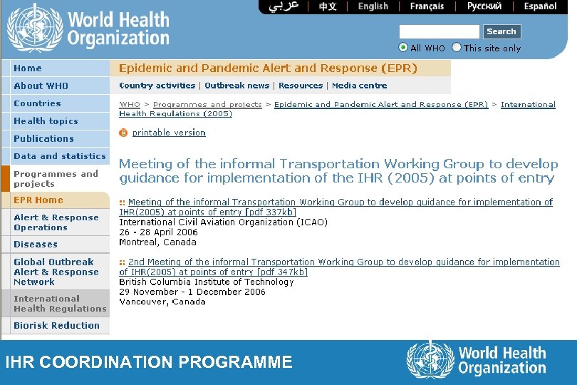 IHR COORDINATION PROGRAMME 