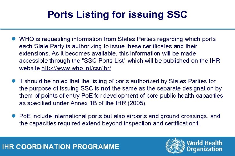 Ports Listing for issuing SSC l WHO is requesting information from States Parties regarding