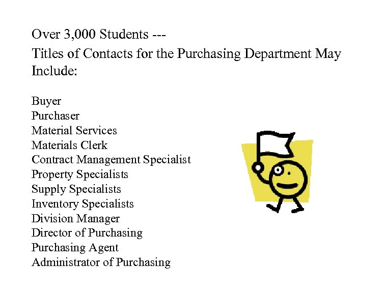 Over 3, 000 Students --Titles of Contacts for the Purchasing Department May Include: Buyer
