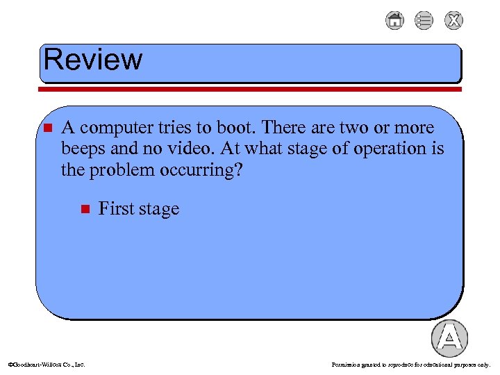 Review n A computer tries to boot. There are two or more beeps and
