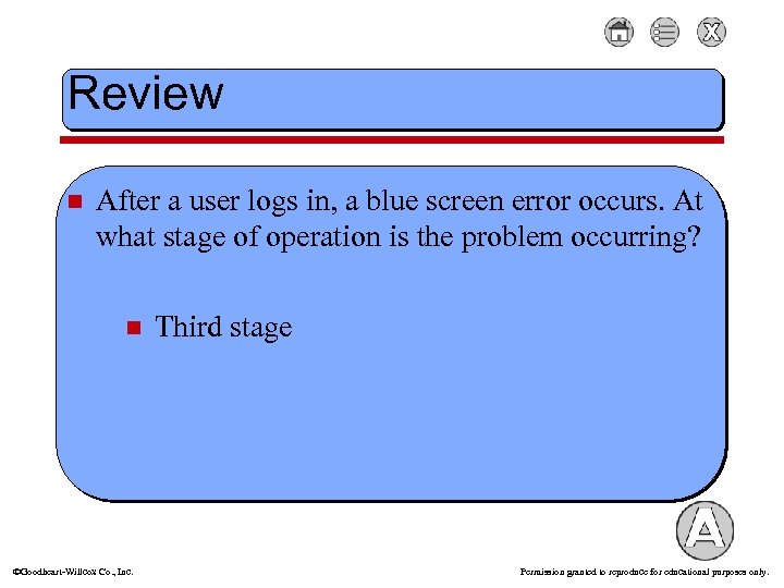 Review n After a user logs in, a blue screen error occurs. At what