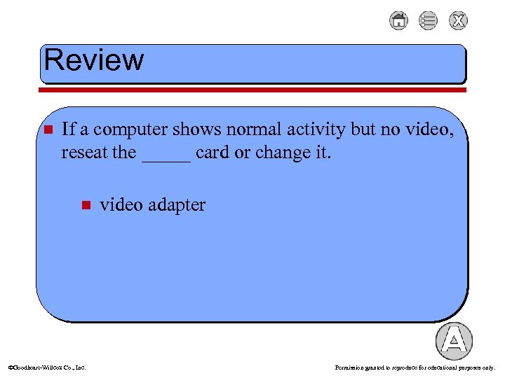 Review n If a computer shows normal activity but no video, reseat the _____