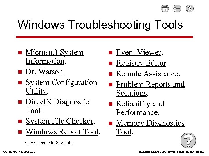 Windows Troubleshooting Tools n n n Microsoft System Information. Dr. Watson. System Configuration Utility.