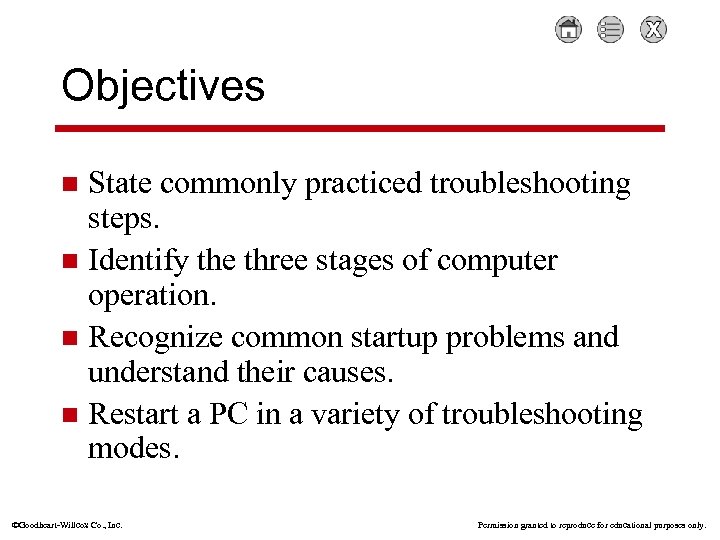 Objectives State commonly practiced troubleshooting steps. n Identify the three stages of computer operation.