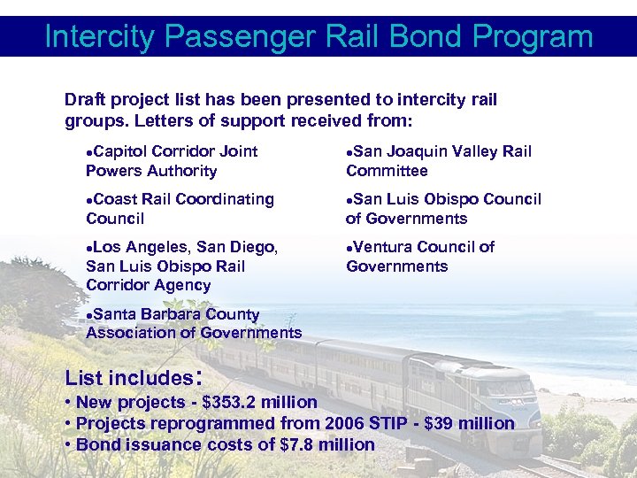 Intercity Passenger Rail Bond Program Draft project list has been presented to intercity rail