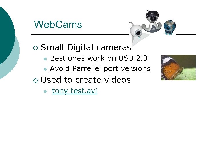 Web. Cams ¡ Small Digital cameras l l ¡ Best ones work on USB