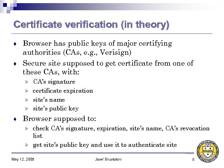 Certificate verification (in theory) Browser has public keys of major certifying authorities (CAs, e.