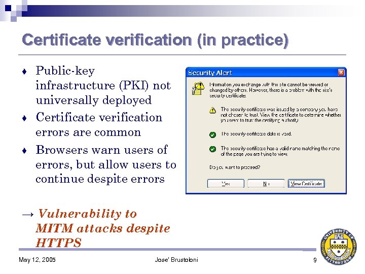 Certificate verification (in practice) Public-key infrastructure (PKI) not universally deployed ♦ Certificate verification errors