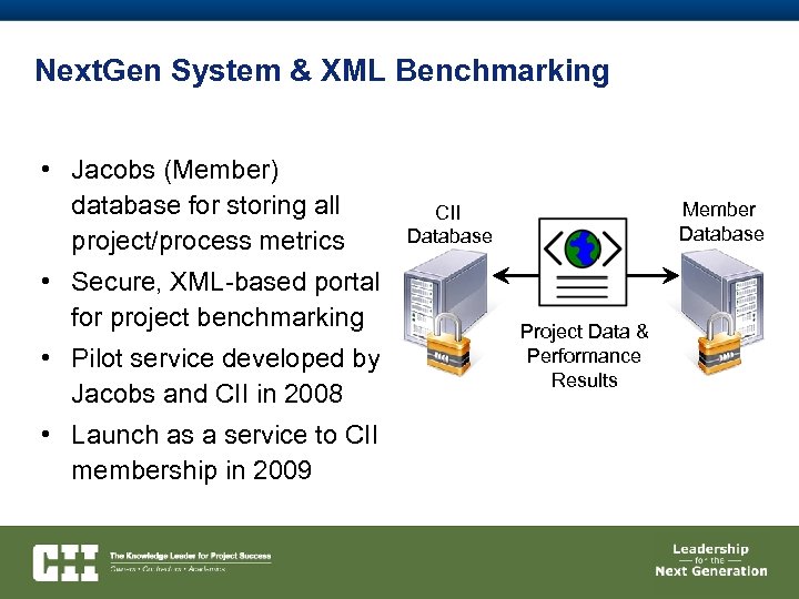 Next. Gen System & XML Benchmarking • Jacobs (Member) database for storing all project/process