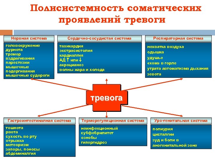 Полисистемность соматических проявлений тревоги Нервная система головокружение дурнота тремор вздрагивания парестезии мышечные подергивания мышечные