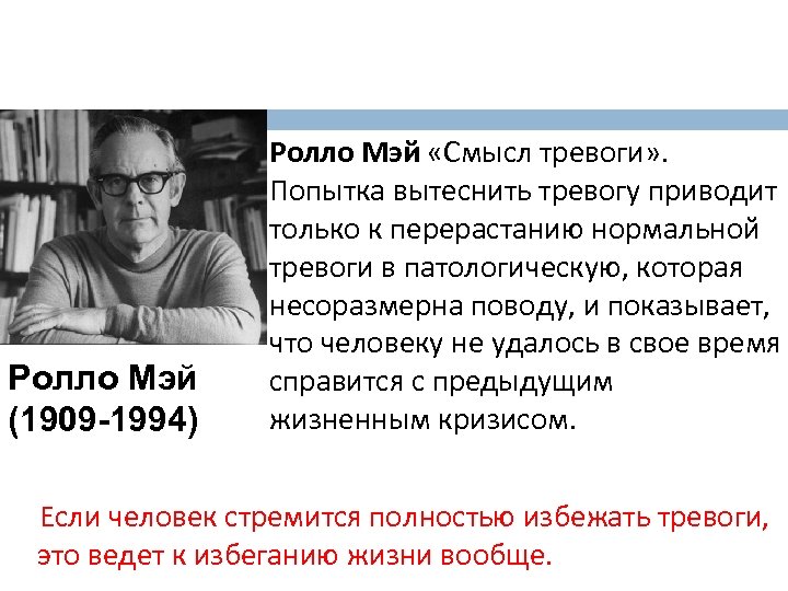  Ролло Мэй (1909 -1994) Ролло Мэй «Смысл тревоги» . Попытка вытеснить тревогу приводит