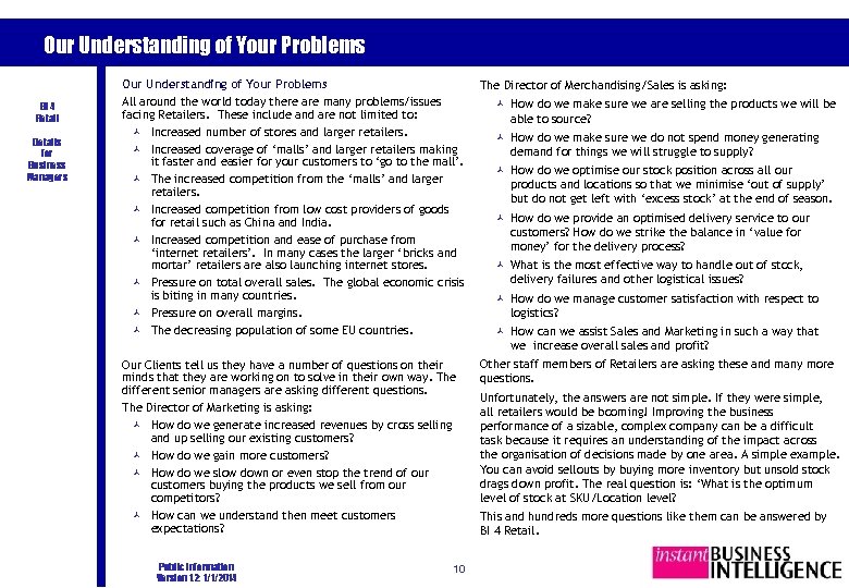 Our Understanding of Your Problems BI 4 Retail Details for Business Managers Our Understanding