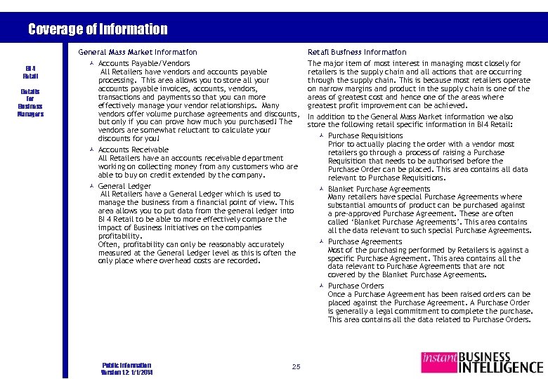 Coverage of Information BI 4 Retail Details for Business Managers General Mass Market Information