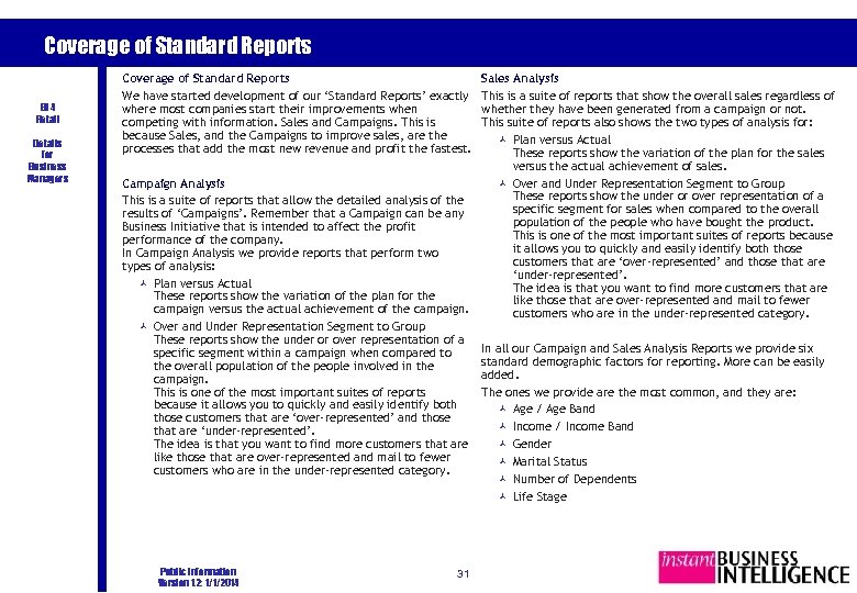 Coverage of Standard Reports BI 4 Retail Details for Business Managers Coverage of Standard