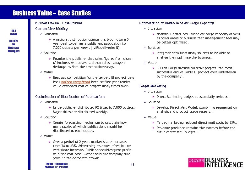 Business Value – Case Studies Optimisation of Revenue of Air Cargo Capacity Business Value
