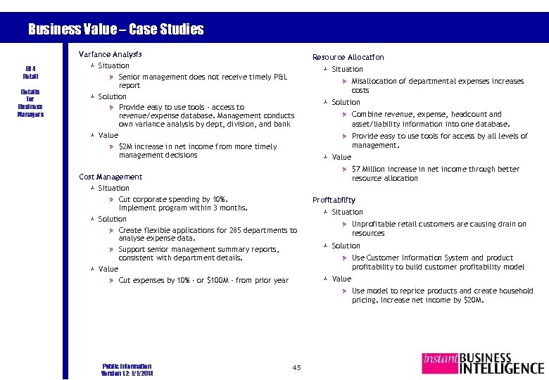 Business Value – Case Studies BI 4 Retail Details for Business Managers Variance Analysis