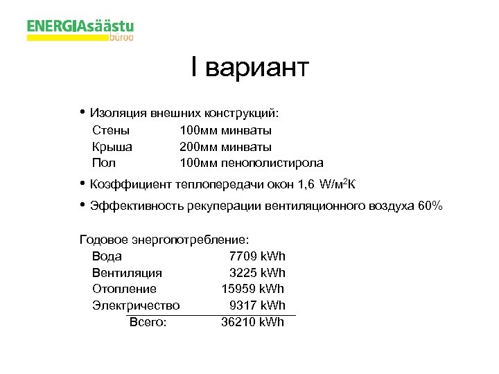 I вариант • Изоляция внешних конструкций: Стены Крыша Пол 100 мм минваты 200 мм