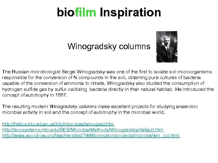 biofilm Inspiration Winogradsky columns The Russian microbiologist Sergei Winogradsky was one of the first