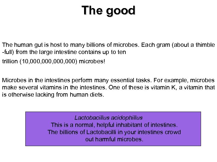 The good The human gut is host to many billions of microbes. Each gram