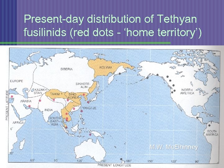 Present-day distribution of Tethyan fusilinids (red dots - ‘home territory’) M. W. Mc. Elhinney