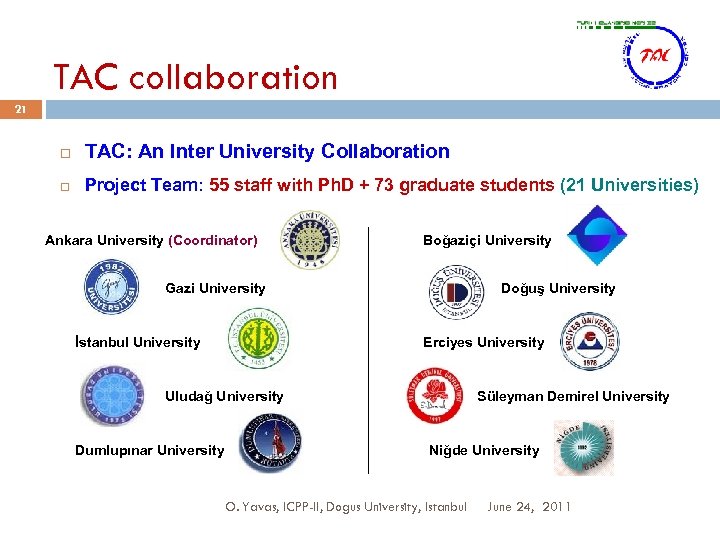 TAC collaboration 21 TAC: An Inter University Collaboration Project Team: 55 staff with Ph.
