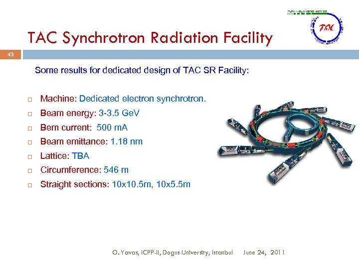 TAC Synchrotron Radiation Facility 43 Some results for dedicated design of TAC SR Facility:
