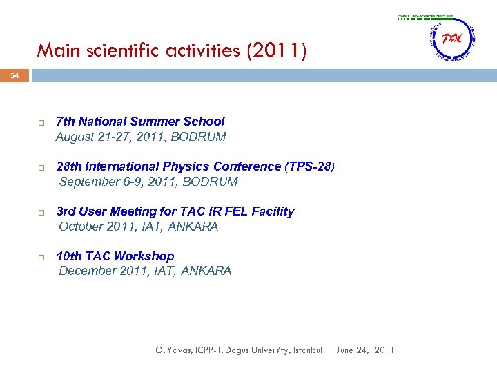 Main scientific activities (2011) 54 7 th National Summer School August 21 -27, 2011,