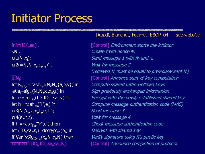 Initiator Process [Abadi, Blanchet, Fournet ESOP ’ 04 --- see website] ! init. A(ID’r,