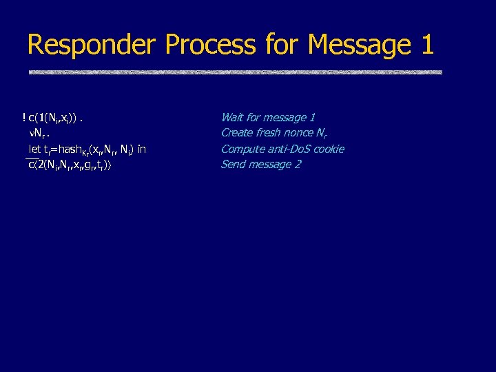 Responder Process for Message 1 ! c(1(Ni, xi)). Nr. let __ tr=hash. Kr(xr, Ni)
