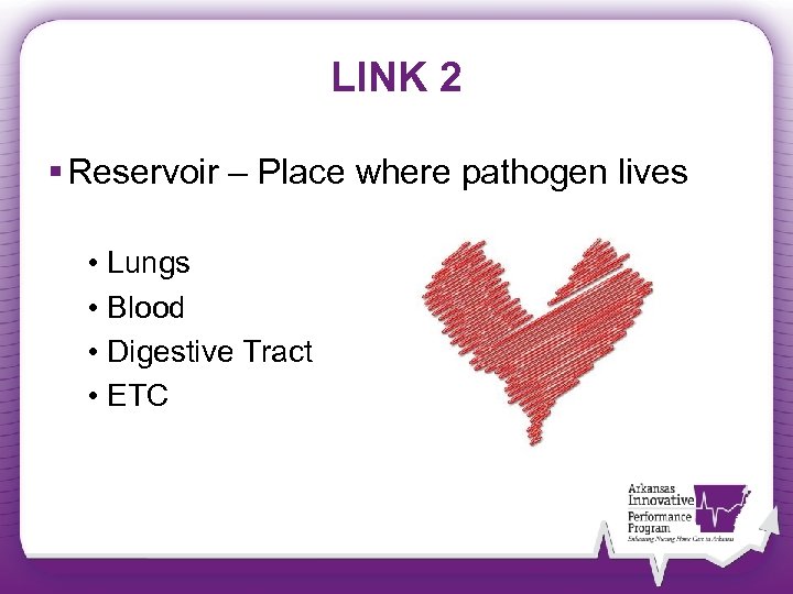 LINK 2 § Reservoir – Place where pathogen lives • Lungs • Blood •