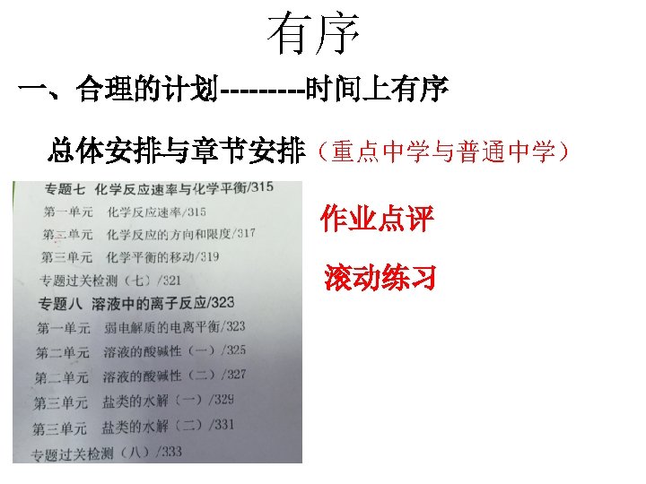有序 一、合理的计划-----时间上有序 总体安排与章节安排（重点中学与普通中学） 作业点评 滚动练习 
