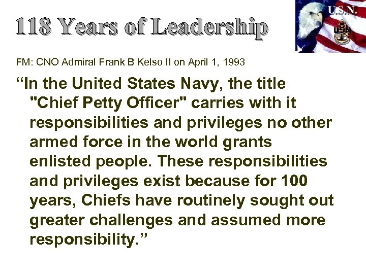 118 Years of Leadership FM: CNO Admiral Frank B Kelso II on April 1,
