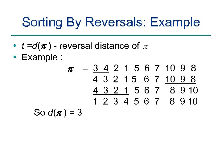 Sorting By Reversals: Example • t =d(p ) - reversal distance of p •
