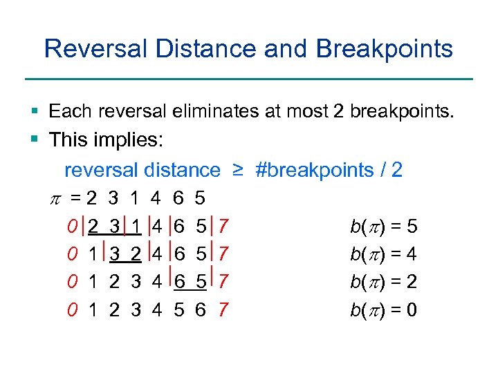 Reversal Distance and Breakpoints § Each reversal eliminates at most 2 breakpoints. § This