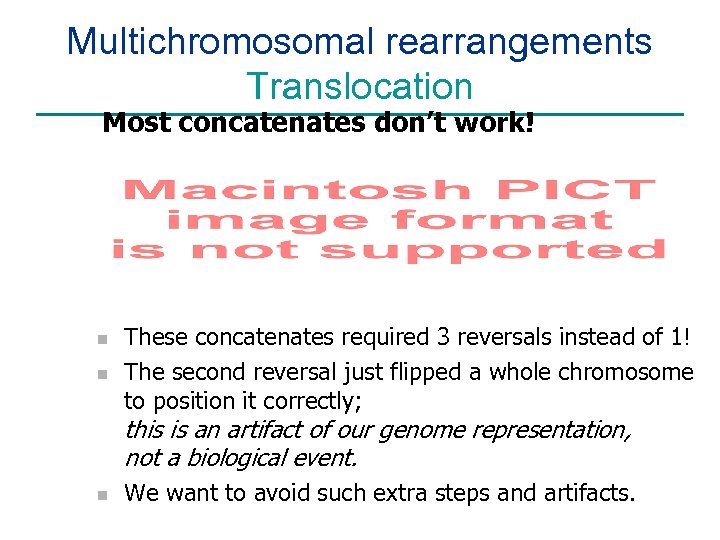 Multichromosomal rearrangements Translocation Most concatenates don’t work! n n These concatenates required 3 reversals