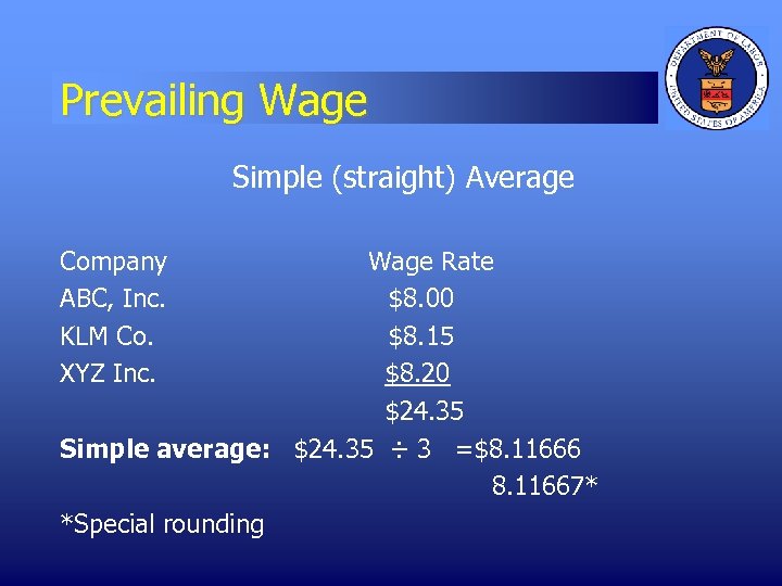 Prevailing Wage Simple (straight) Average Company ABC, Inc. KLM Co. XYZ Inc. Wage Rate